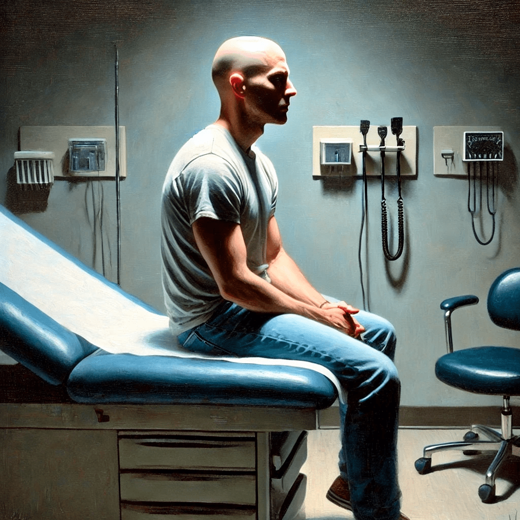Autistic man in pain sits in an exam room
